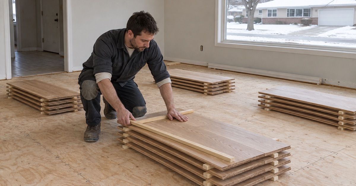 Worker laying a spacer batten across a stack of white oak boards acclimating inside a Burnsville house before any board is fastened down.