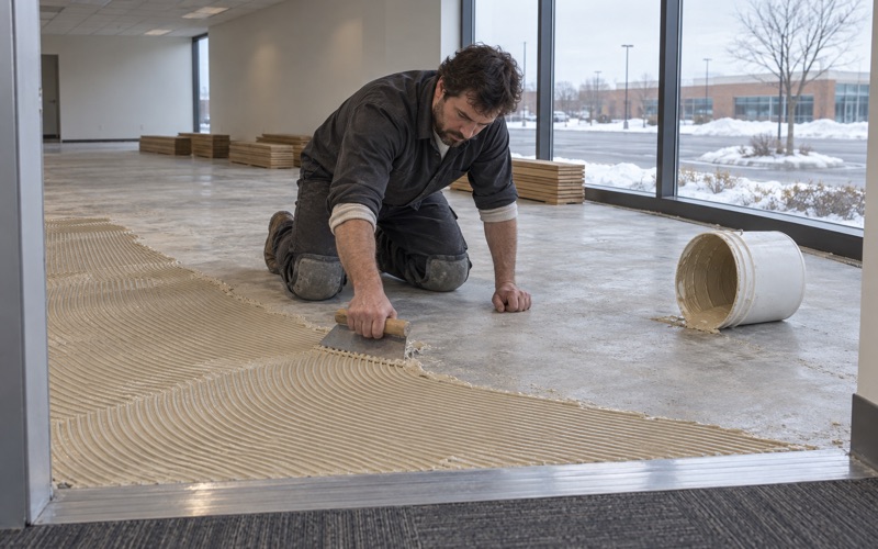 Installer spreading adhesive with a notched trowel across the concrete deck of a Burnsville commercial suite, engineered oak planks stacked flat against the wall.