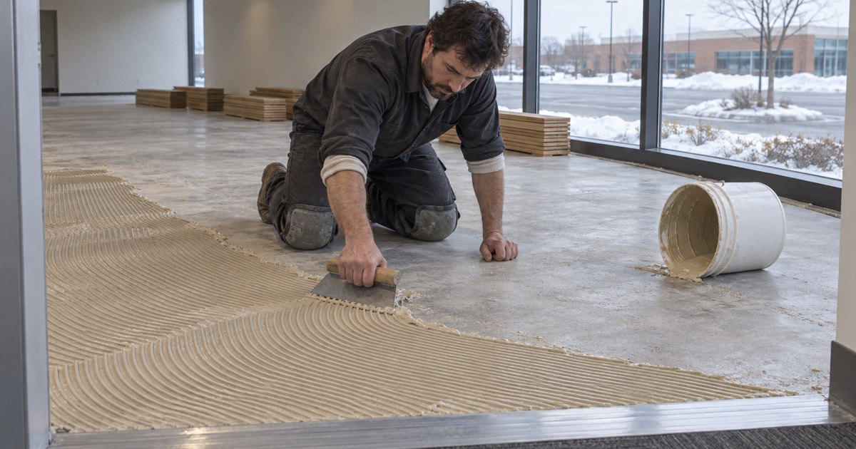 Installer spreading adhesive with a notched trowel across the concrete deck of a Burnsville commercial suite, engineered oak planks stacked flat against the wall.
