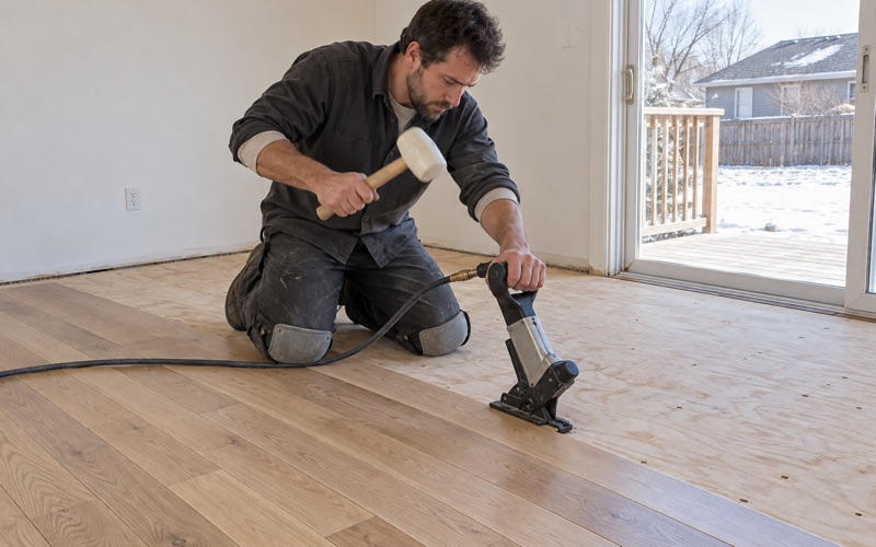 Installer striking a flooring nailer seated on the tongue edge of a white oak board in a Burnsville house, the run advancing across a plywood subfloor.