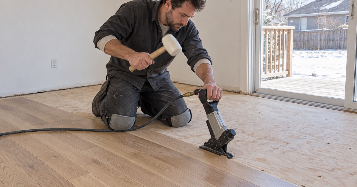 Installer striking a flooring nailer seated on the tongue edge of a white oak board in a Burnsville house, the run advancing across a plywood subfloor.