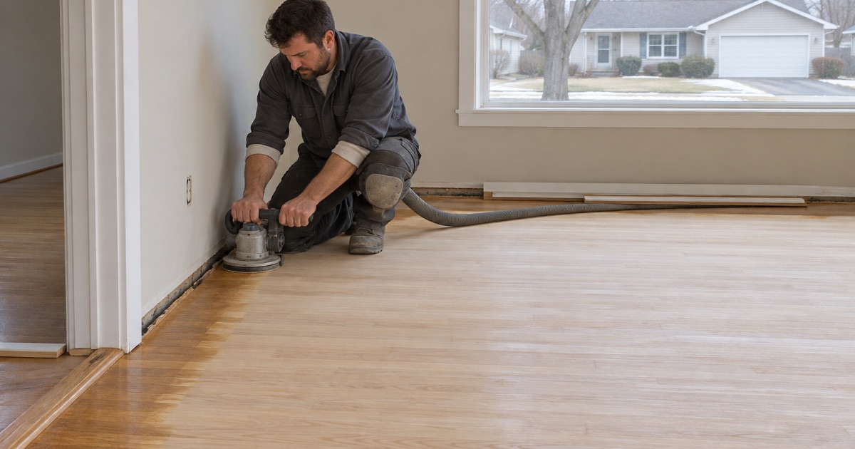 Worker running an edger along the perimeter of a Burnsville living room where the field of the red oak floor has already been cut back to bare wood.