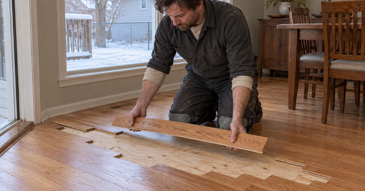 Carpenter lowering a cut oak plank into a laced-in repair in a Burnsville floor, the new boards staggered into the old rather than cut as a block.