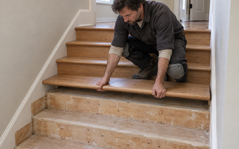 Joiner setting a retro tread with a bullnose front edge onto an open stringer in a Burnsville split-level stairway, the nosing overhanging the riser below.