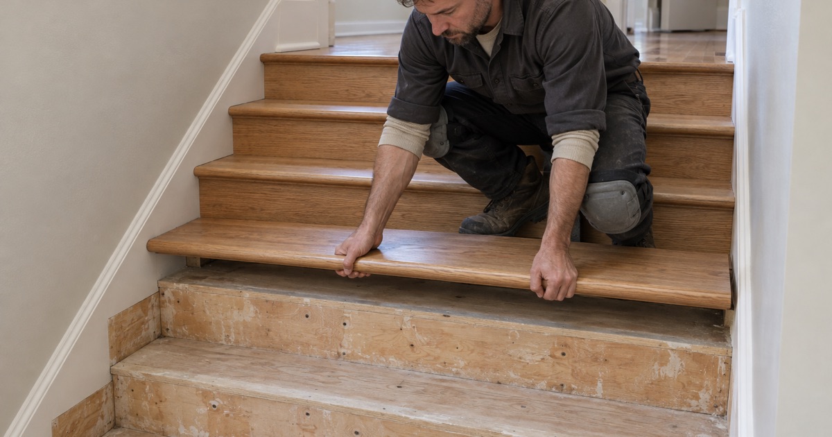 Joiner setting a retro tread with a bullnose front edge onto an open stringer in a Burnsville split-level stairway, the nosing overhanging the riser below.