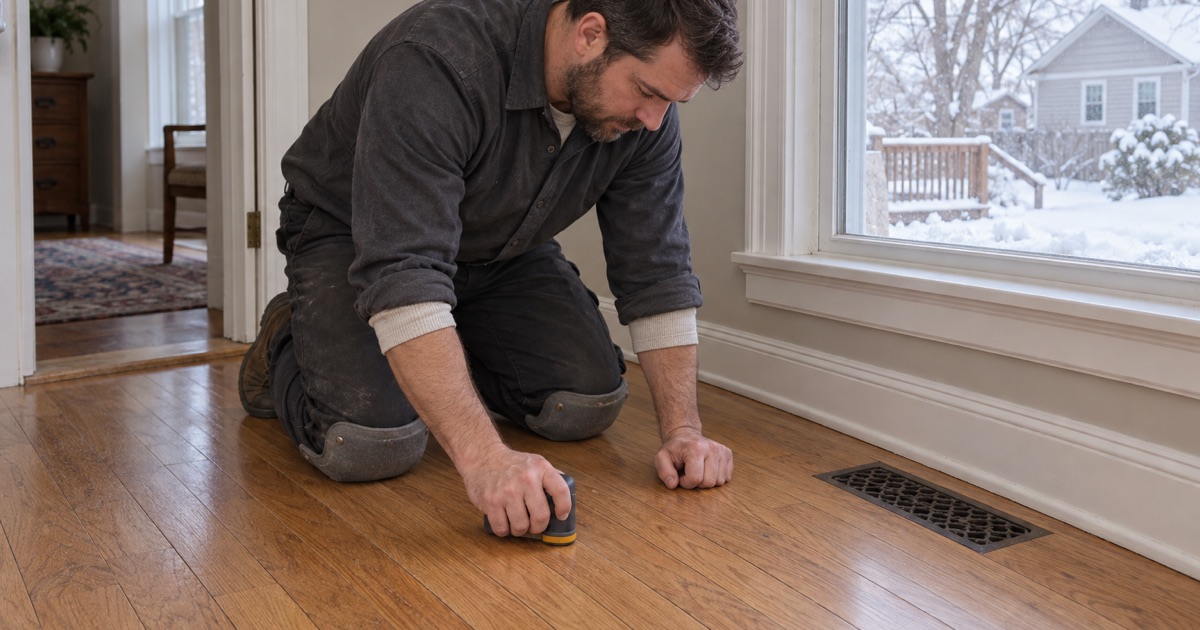 Worker pressing a moisture meter flat to a red oak board in a Burnsville house during the heating season, thin seasonal gaps open between the strips and frost on the window behind him.