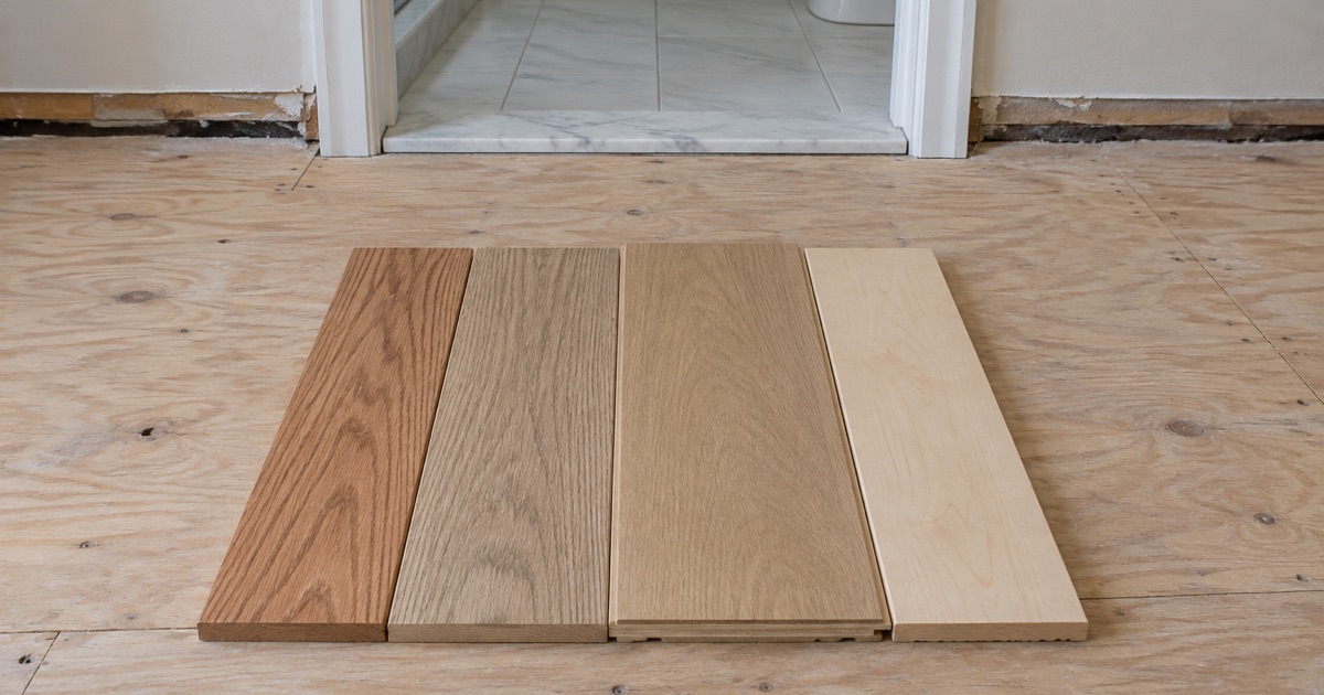 Four flooring samples laid side by side on the plywood subfloor of a Burnsville house at the tile threshold, showing the choices and where wood stops.