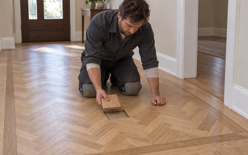 Worker seating a replacement parquet block into a herringbone field in a Burnsville house, the surrounding blocks sanded back to bare oak.