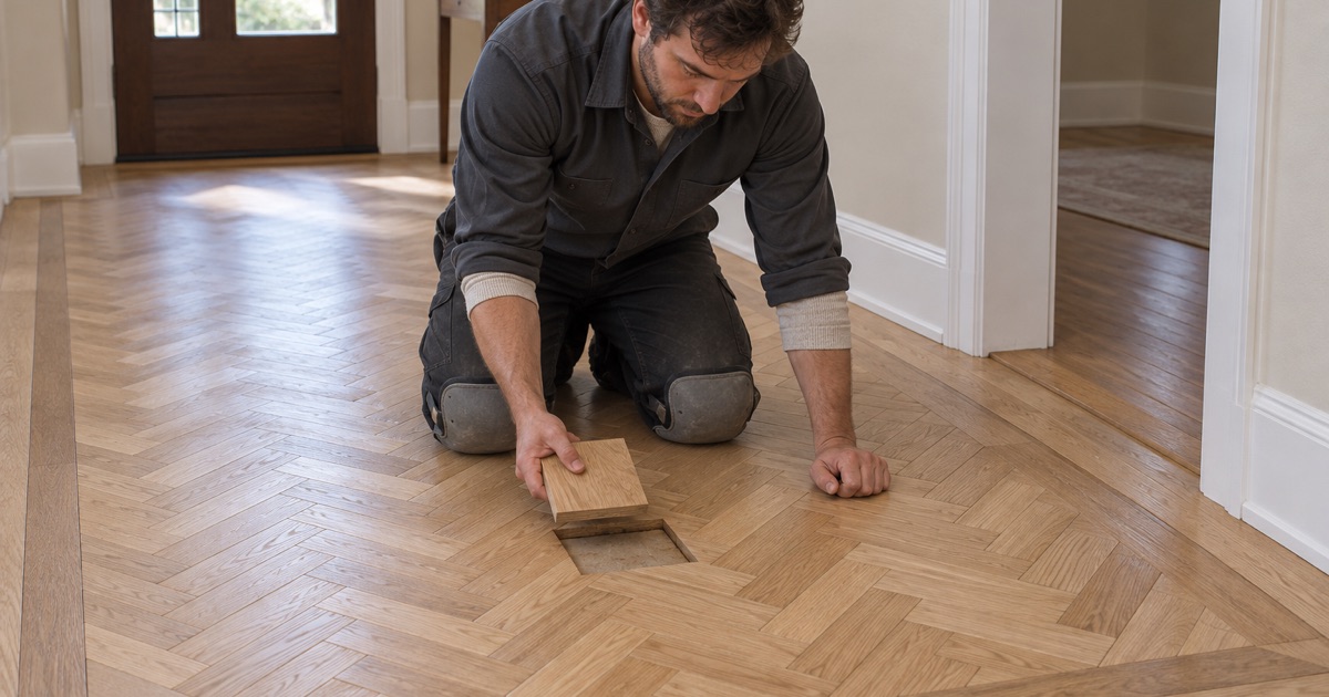 Worker seating a replacement parquet block into a herringbone field in a Burnsville house, the surrounding blocks sanded back to bare oak.
