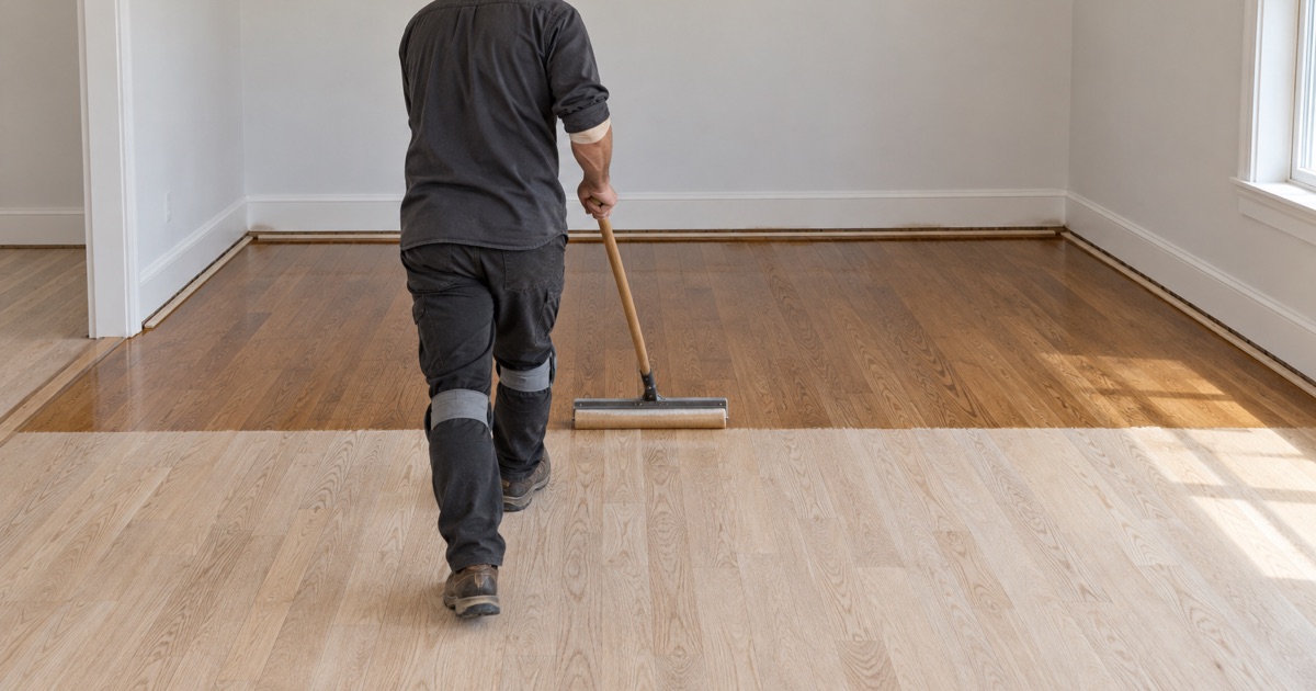 Finisher walking backwards with an applicator as the first coat goes down over freshly sanded white oak in a Burnsville house, the wet edge running straight across the room.