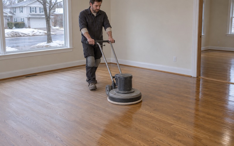 Operator running a buffer across a white oak floor in a Burnsville house during a screen and recoat, the sheen breaking evenly ahead of the machine.