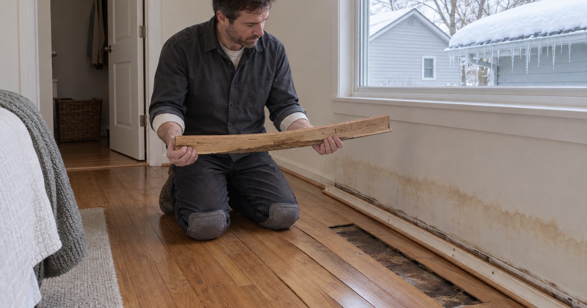 Restorer holding a cupped oak board taken out of a Burnsville floor below an ice-dam stain, the boards on either side still crowned up along the outside wall.