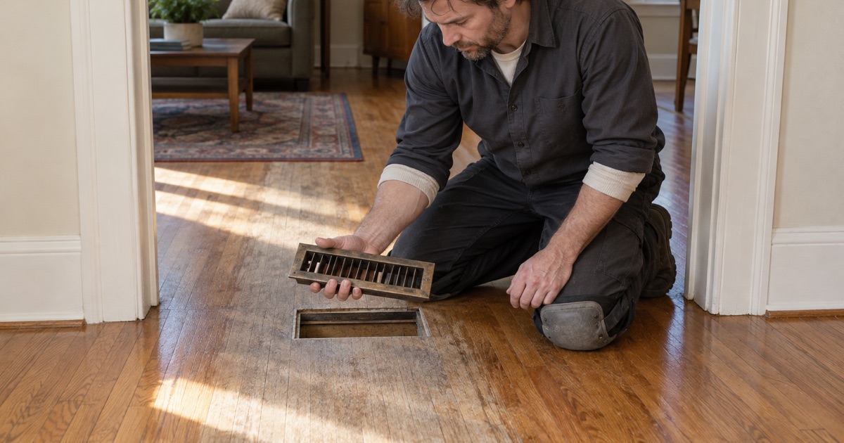 Technician holding up a lifted floor register beside a Burnsville doorway where the finish has worn through to bare oak, the register’s cut edge showing what is left of the board.