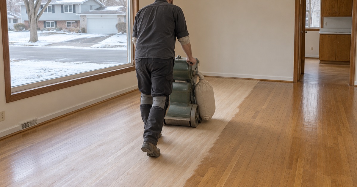 Worker running a drum sander across the red oak floor of a Burnsville split-level, half the room cut back to bare wood and half still carrying its old amber finish.